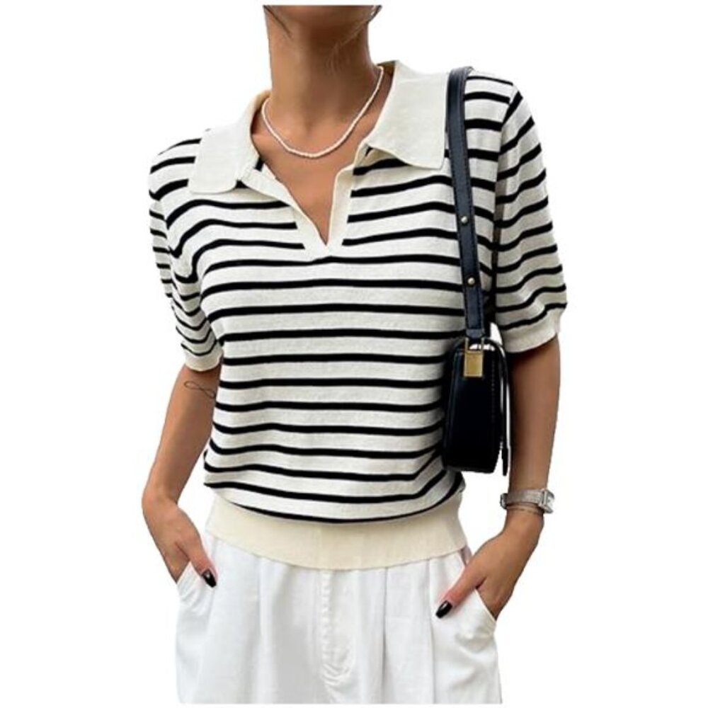 NEW Floerns Black and White Striped Print Short Sleeve Tee Shirt, Women's S